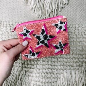 Pink beaded star cowprint coin bag / wallet